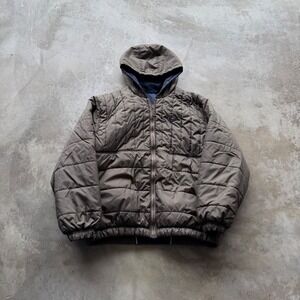 Vintage Nike Reversible Puffer Jacket Mens XL Brown Navy Blue Hooded Quilted XL